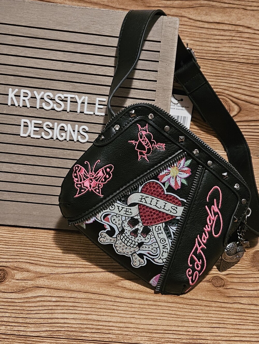 Ed Hardy Black Belt Bag Skull Butterfly Pouch